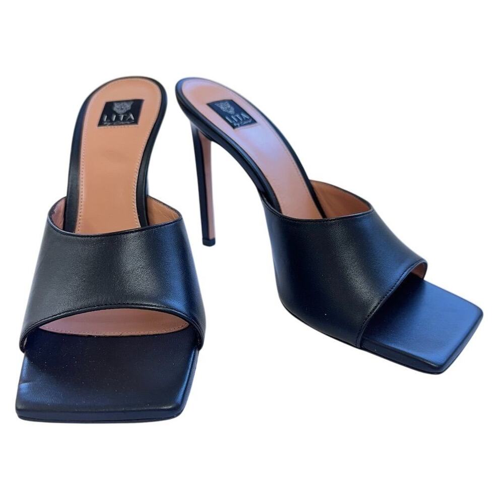LITA by Ciara Black Leather Square Toe Mule Stiletto Heels Made in Italy Size 38